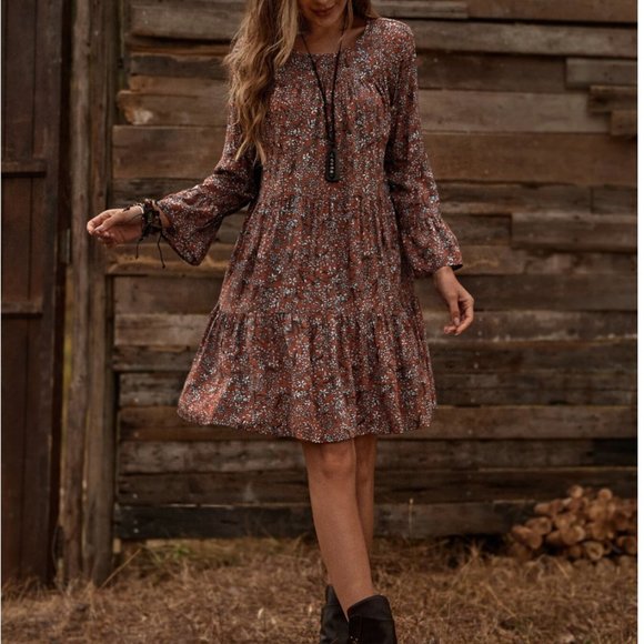 Boho Floral Flounce Sleeve Smock Dress - Picture 2 of 6
